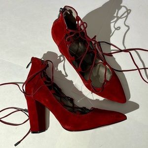 Saks Fifth Avenue leather strappy suede heels red sz 8 shoes pumps